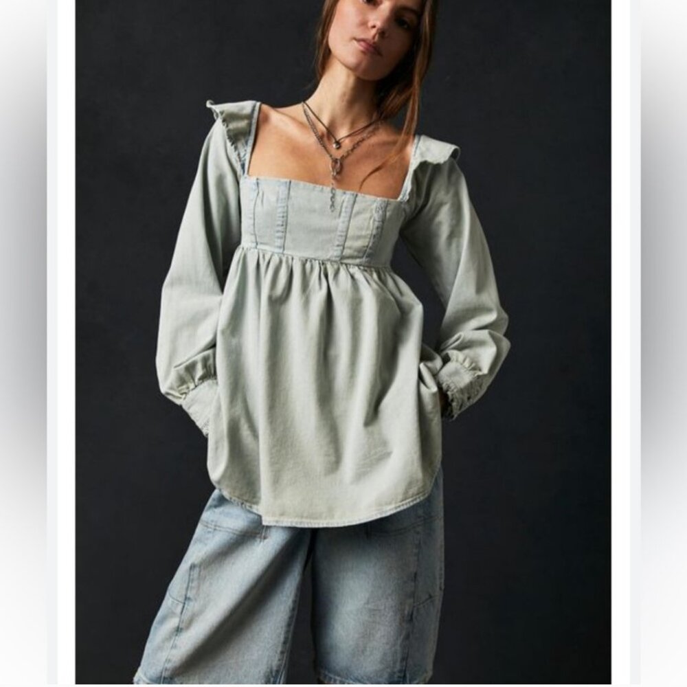 Free People Tunic Top About You Babydoll Light Blue Denim Sz Large